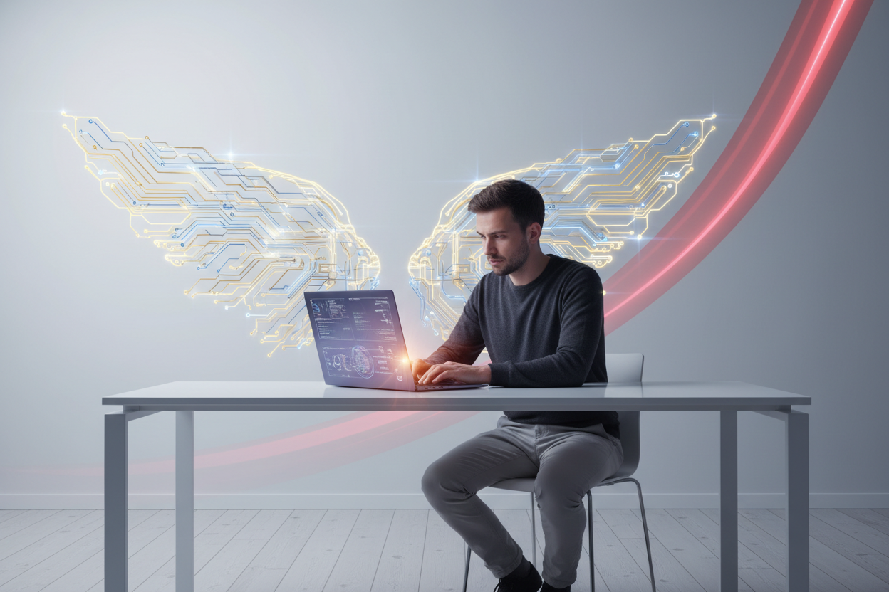 “A modern, clean visual of a single person working at a sleek desk with a glowing laptop. Behind them, a subtle abstract AI symbol — like a holographic circuit pattern or a faint digital silhouette — suggests supportive automation. The background is minimal and light, with soft gradients and a red accent highlight. The overall tone is approachable and professional, representing solo founders empowered by AI.”

Visual cues:

•  One person at desk
•  Glowing laptop
•  Subtle AI symbol behind (circuit, hologra