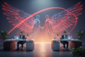 “A modern workspace scene with two people working at sleek desks, each focused on glowing laptops. Behind them, abstract AI elements — such as holographic circuit wings, interconnected nodes, or digital silhouettes — appear larger and more complex than in the Starter tier. The background features soft gradients and a dynamic red arc of light, symbolising momentum and scalable automation. The tone is collaborative and forward-moving, representing growing businesses supported by expanding AI capabilities.”

V
