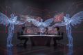 A sleek, adaptive workspace showing a person or small team collaborating with abstract AI figures that actively shape digital tools or interfaces in real time. The AI presence should feel dynamic and responsive — circuit wings morphing into different forms, holographic elements adapting to the humans’ gestures. The background blends dark elegance with red and violet accents, symbolising flexibility, co-creation, and bespoke automation. The tone is personalised, empowering, and future-facing.”