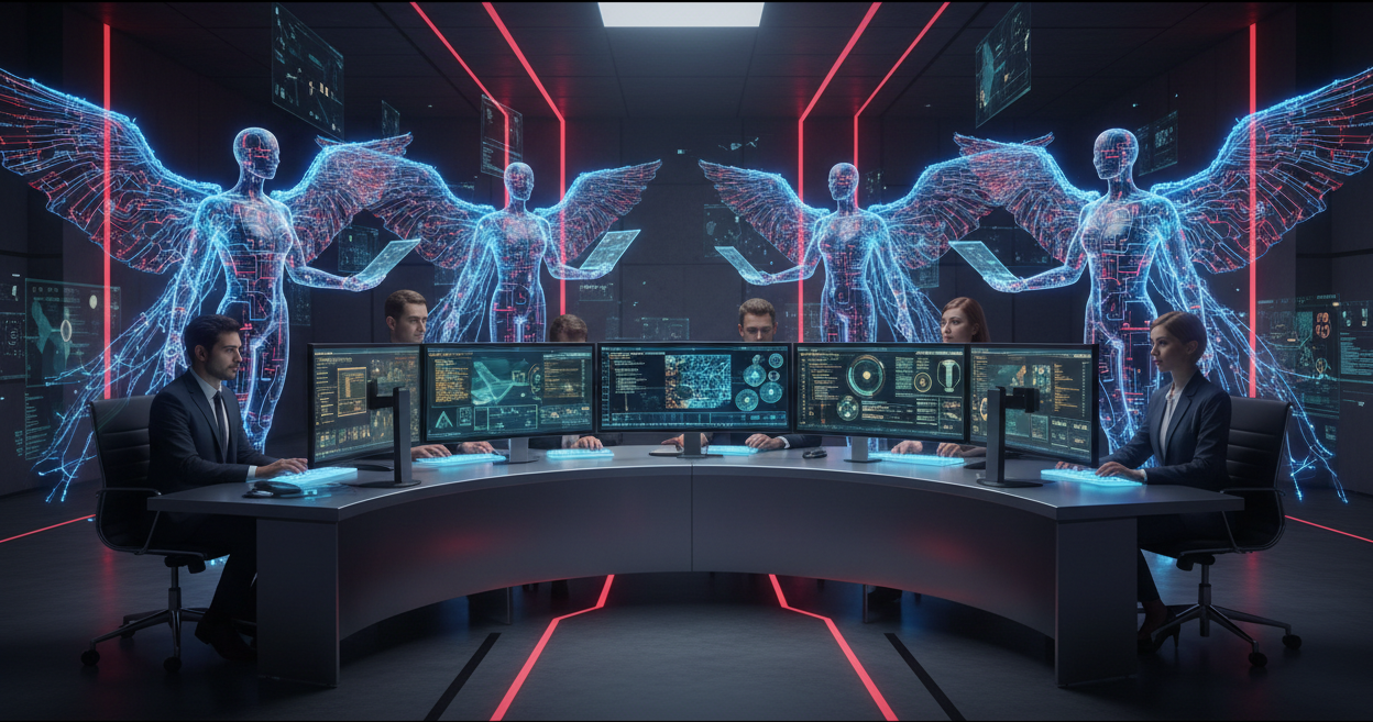 “A sleek, modern workspace with a small team of professionals collaborating at glowing multi-monitor setups. Behind or beside them, abstract AI figures with glowing circuit wings mirror their actions or offer digital tools — symbolising strategic partnership and empowerment. The wings should feel expansive and luminous, representing the strength and clarity AI brings to human work. The background is dark and elegant, with sharp red highlights and layered tech overlays. The tone is high-end, collaborative, a