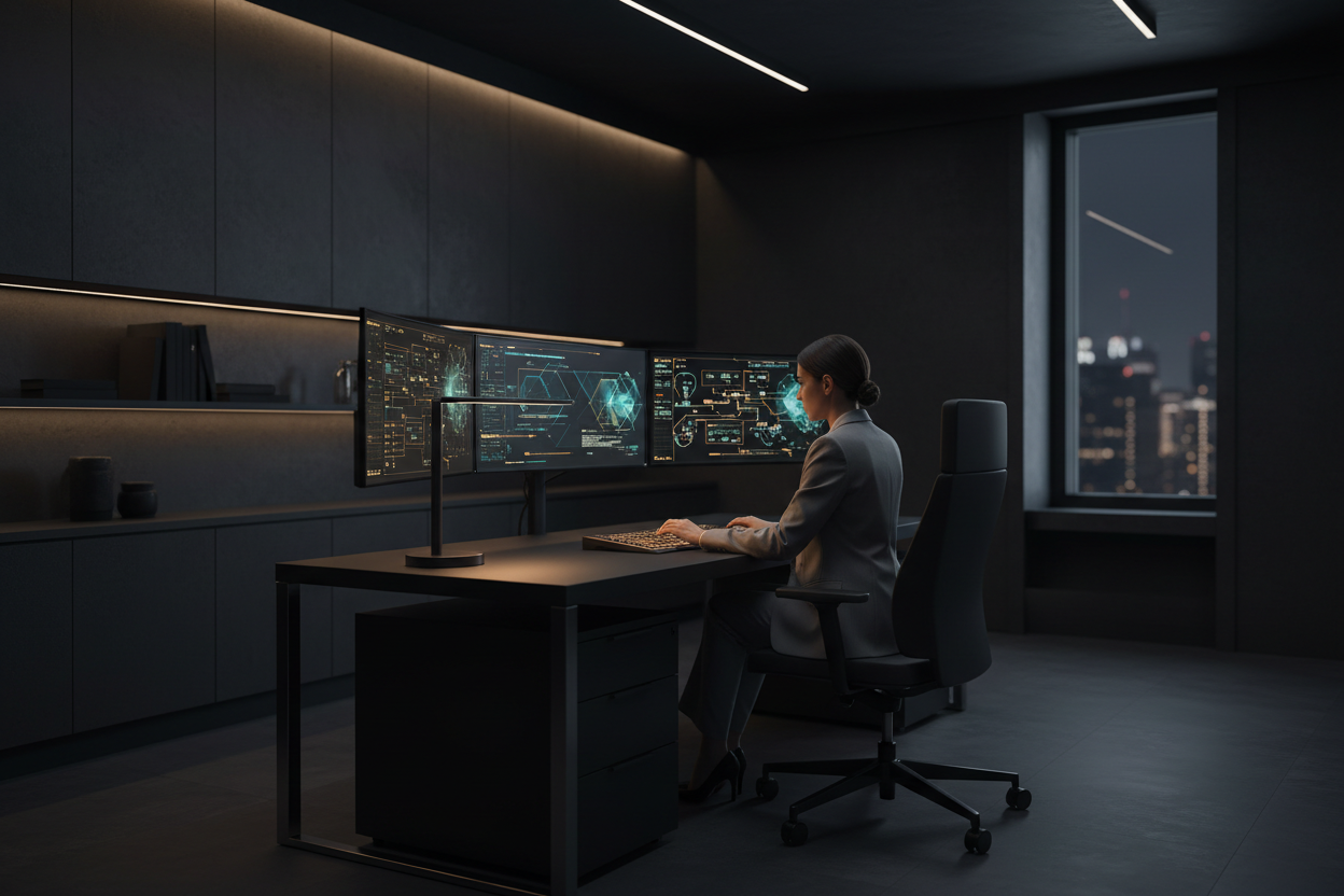 can you provide me a person working in a very modern dark premium setting 